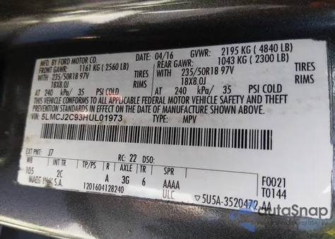 2017 Lincoln Mkc Select z USA, uszkodzony, nr VIN 5LMCJ2C93HUL01973